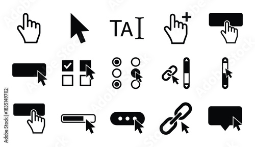 Cursor icon set. Mouse pointer vector illustration. Click hand signs. Text select elements collection.