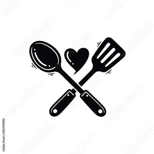 Crossed spoon and spatula with a heart symbol cooking