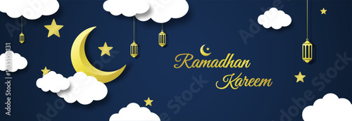 Ramadhan Kareem Islamic Background with Crescent Moon, Hanging Lanterns, Stars and Clouds on Dark Blue Night Sky, Elegant Festive Banner for Ramadan and Eid Mubarak Celebration