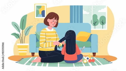 Caring mother gently combing her young daughters long hair.