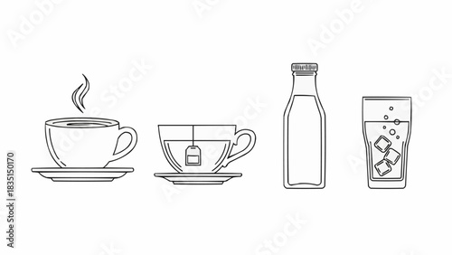 Outlined beverages including tea and water in various containers for refreshment.