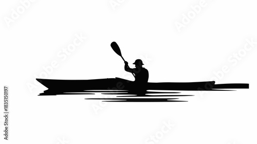 Silhouette of a person kayaking on calm water.