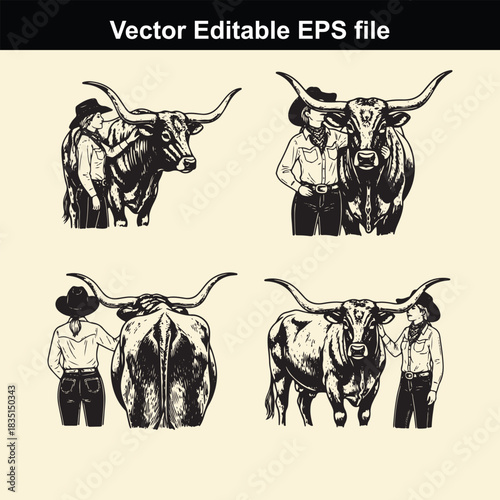 vector illustration set featuring four different poses of a cowboy or cowgirl interacting closely with a longhorn steer, suitable for western themes