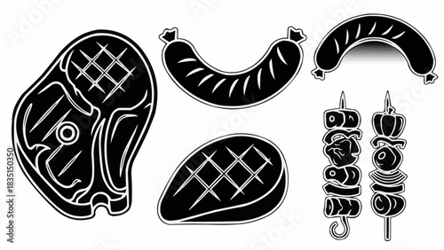 Grilled meat and sausage assortment for barbecue party preparation.