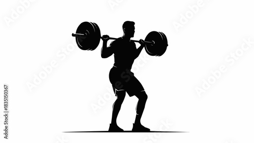 Silhouette of a man performing a heavy barbell squat in a gym.
