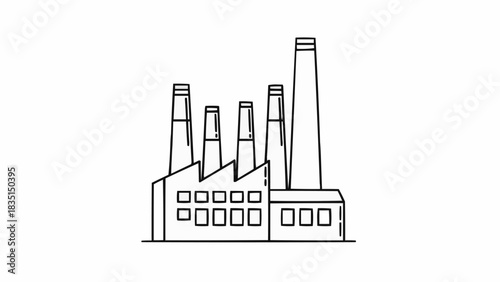 Industrial Factory Building With Multiple Chimneys And Smoke Stacks.