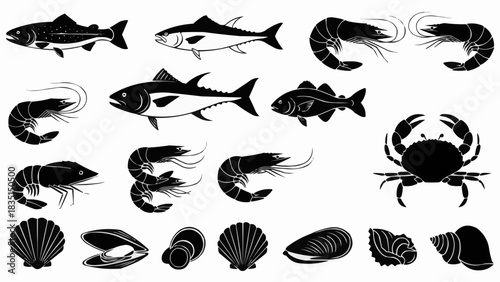 Collection of various seafood items including fish, shrimp, crab, and shellfish.