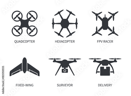 Drone types icon collection, quadcopter hexacopter fpv racer fixed-wing surveyor delivery drones symbols