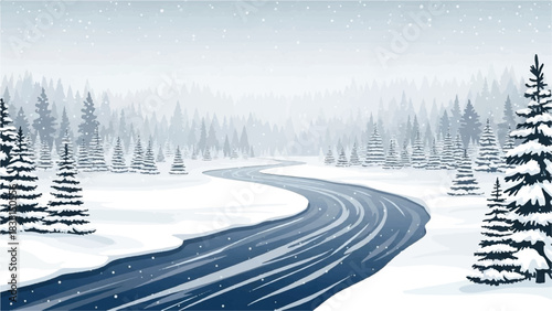 Illustrated winter landscape with a meandering river flowing through a snowy pine forest during a gentle snowfall