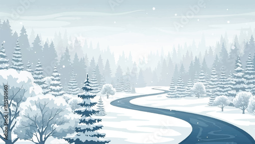 A winding road through a snow-covered forest during a hazy winter day