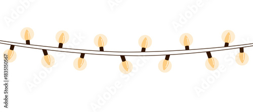 Cartoon vector illustration of a panoramic yellow Christmas light string isolated on transparent background. Clip art for festive banners and holiday decorations