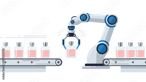 Automated cosmetic production line with robotic arm precisely handling bottles for efficient manufacturing and quality assurance processes