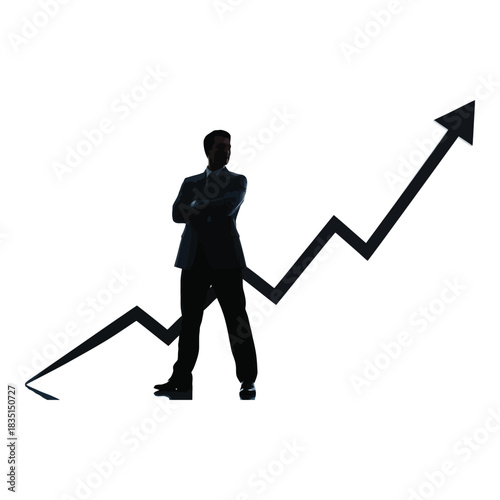Confident business leader standing proud next to upward trending success chart