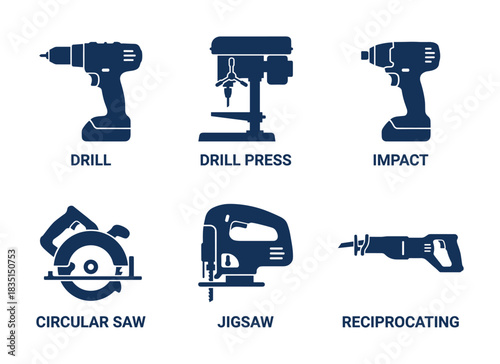 Electric power tools vector illustration. Drill drill press impact circular saw jigsaw reciprocating industrial equipment set.