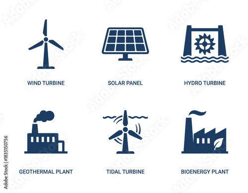 Eco-friendly energy production symbols collection. Green power generation elements. Sustainable resources icons kit.