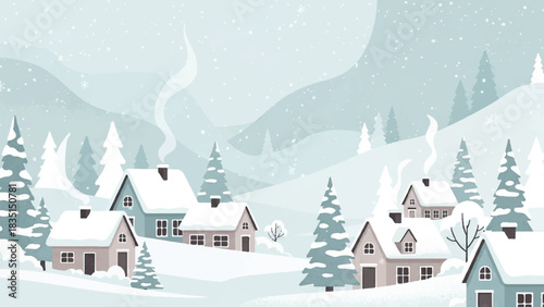 Charming winter village with snow-covered houses and pine trees under a cloudy sky