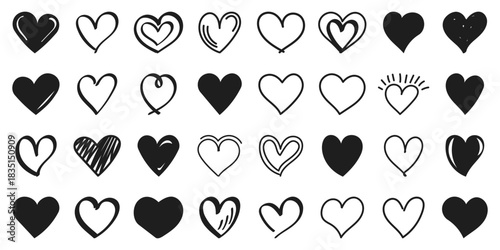 Hand drawn heart sketch icon set collection in flat style. Love doodle vector illustration on isolated background. Valentines day sign business concept.