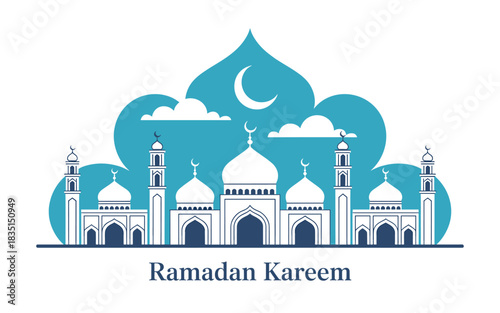 Elegant Ramadan Kareem Illustration with Mosque, Moon, and Clouds in Blue and White, Perfect for Greeting Cards and Digital Designs