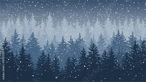 A serene winter forest illustration depicting a tranquil blue landscape under a peaceful snowfall, capturing the quiet beauty of a frosty woodland scene