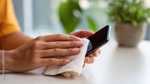 A person gently cleans a smartphone screen with a microfiber cloth, emphasizing cleanliness and care in device maintenance.