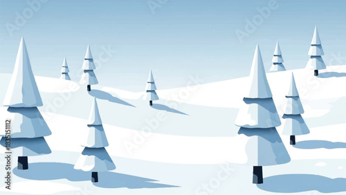 Minimalist winter landscape with snow-covered fir trees on rolling hills, a serene and tranquil seasonal concept
