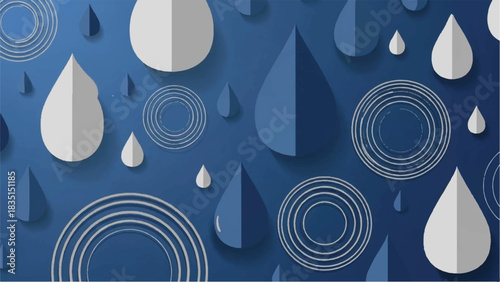 Abstract rain drops pattern in blue and white colors with concentric circles, seamless