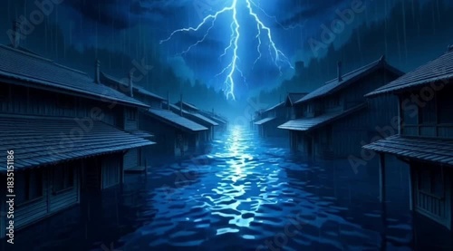 Traditional wooden houses built on water illuminated by intense lightning during heavy rainfall reflecting dramatic blue tones across the surface. Landscape concept