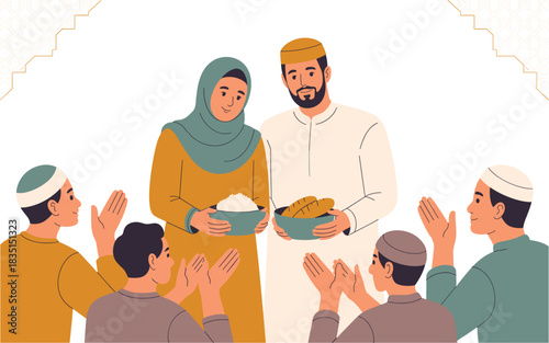 Ramadan Kareem Illustration: Muslim Couple Sharing Food with Appreciative Community Members during Iftar Celebration, Festive Tradition in the Middle East