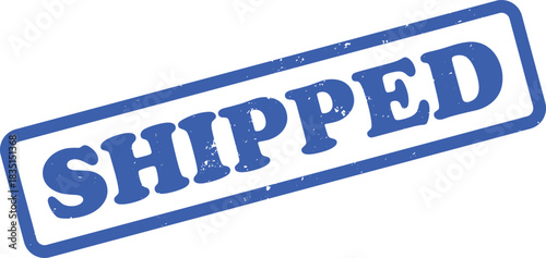 Blue Shipped Rubber Stamp with Rounded Rectangular on White Background