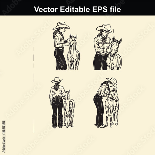 collection of four vector illustrations depicting cowgirls interacting affectionately with young horses or foals, showing different poses and perspectives of care