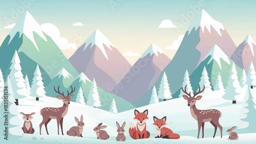 A charming vector illustration of forest wildlife including deer, foxes, and rabbits in a serene snowy mountain landscape