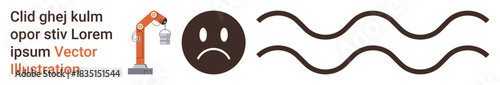 Automation, emotional expression, technology integration, manufacturing processes, industrial design, and communication. A robotic arm, sad face icon and wavy lines. Automation and emotional