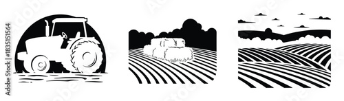 Farm agriculture set with tractor, hay bales, and field landscapes. Rural farming vector collection.