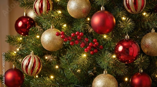 Festive Christmas Tree with Red and Gold Ornaments and Lights