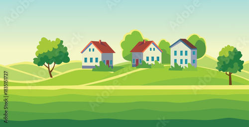 Cartoon suburban landscape with three houses on rolling green hills and trees.