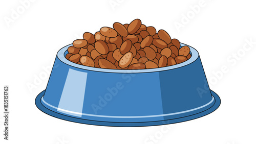 Satisfied pet concept with full bowl of delicious dry food, ensuring happy, healthy animals and peace of mind for caring owners