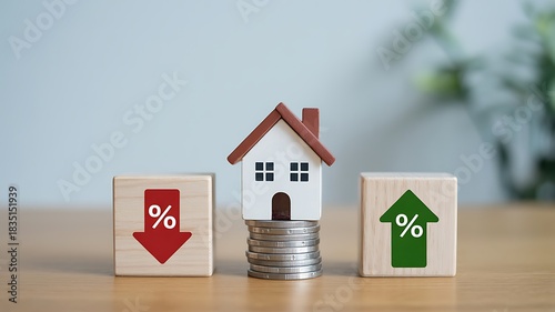 House model with interest rate trend arrows on wooden table
