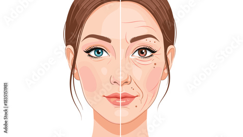 See the effects of aging skin on a woman's face with wrinkles, age spots, and before and after comparison for skin care and beauty products