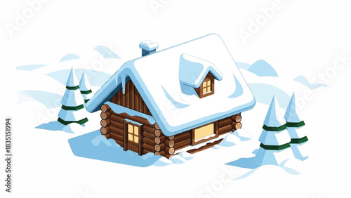 A cozy wooden log cabin nestled in a snowy winter landscape with pine trees, a secluded holiday retreat illustration