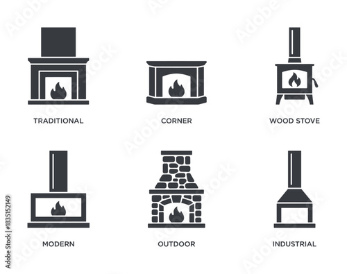 Fireplace types set. Traditional, corner, wood stove, modern, outdoor, and industrial designs. Home heating elements.