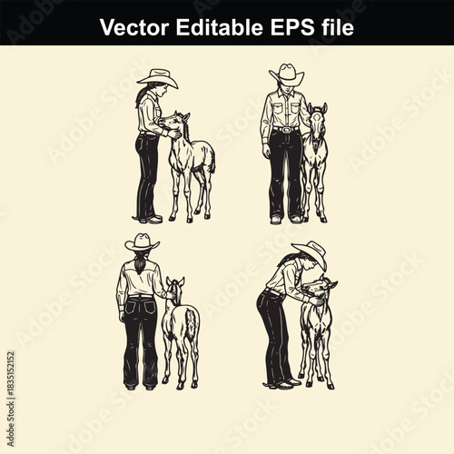 vector editable eps file showing four different illustrations of a cowboy or cowgirl interacting affectionately with a young foal or horse in various poses
