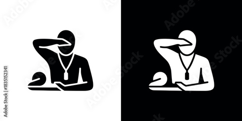 Silhouette Coach with Visor and Lanyard Observing with Tablet in Hand Icon