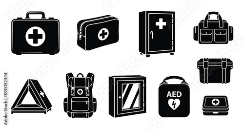 First aid kit icons set. Medical boxes, bags, cabinet, backpack, and AED for emergency healthcare.