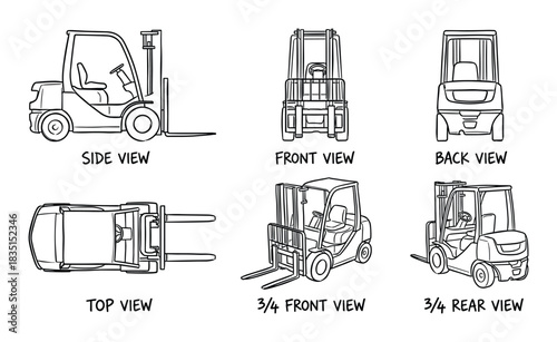 Forklift blueprint outline set, showing different perspectives of industrial warehouse machinery