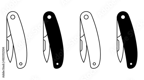 Four pocket knives in a row, two outlined in white and two solid black, symbolizing tools and utility in a clean, minimalist composition.