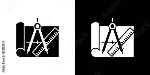 Transparent White Compass, Ruler, and Paper Scroll on Black Background