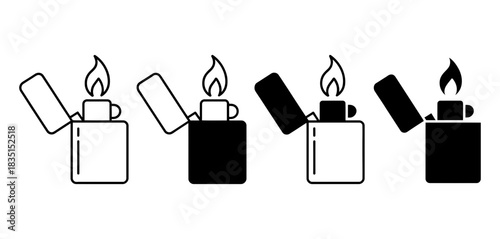 Collection of four illustrated lighters, two outlined in white and two solid black, all with open lids and burning flames, representing different styles of the iconic device