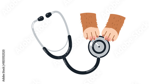 Adorable pet health concept featuring furry paws playfully holding a stethoscope for veterinary care and animal wellness promotion