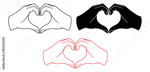 Three stylized heart shapes formed by hands in outline, silhouette, and red line art on a white background, symbolizing love and connection.
