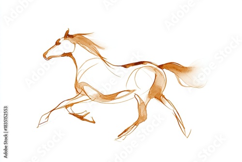 A dynamic watercolor-style galloping horse silhouette, using flowing paint and soft edges, isolated against a clean white background, suitable for commercial art, greeting card design, etc.
